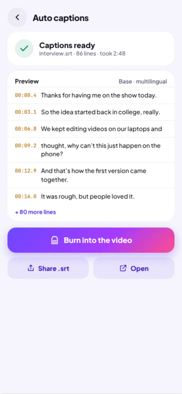 Caption preview with timings