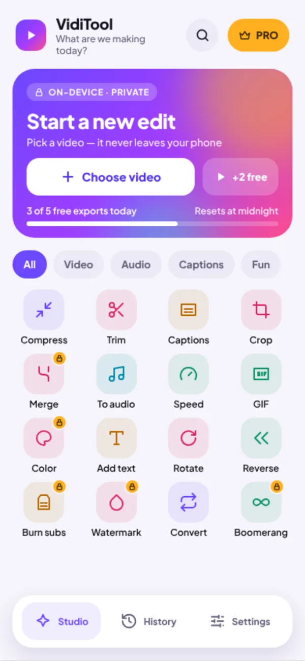 VidiTool app home screen in light mode
