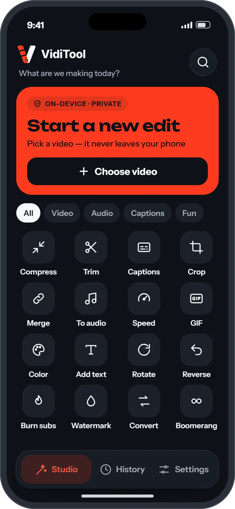 VidiTool Android app home screen: a Start a new edit card and a grid of 16 tools, including Compress, Trim, Captions and Crop