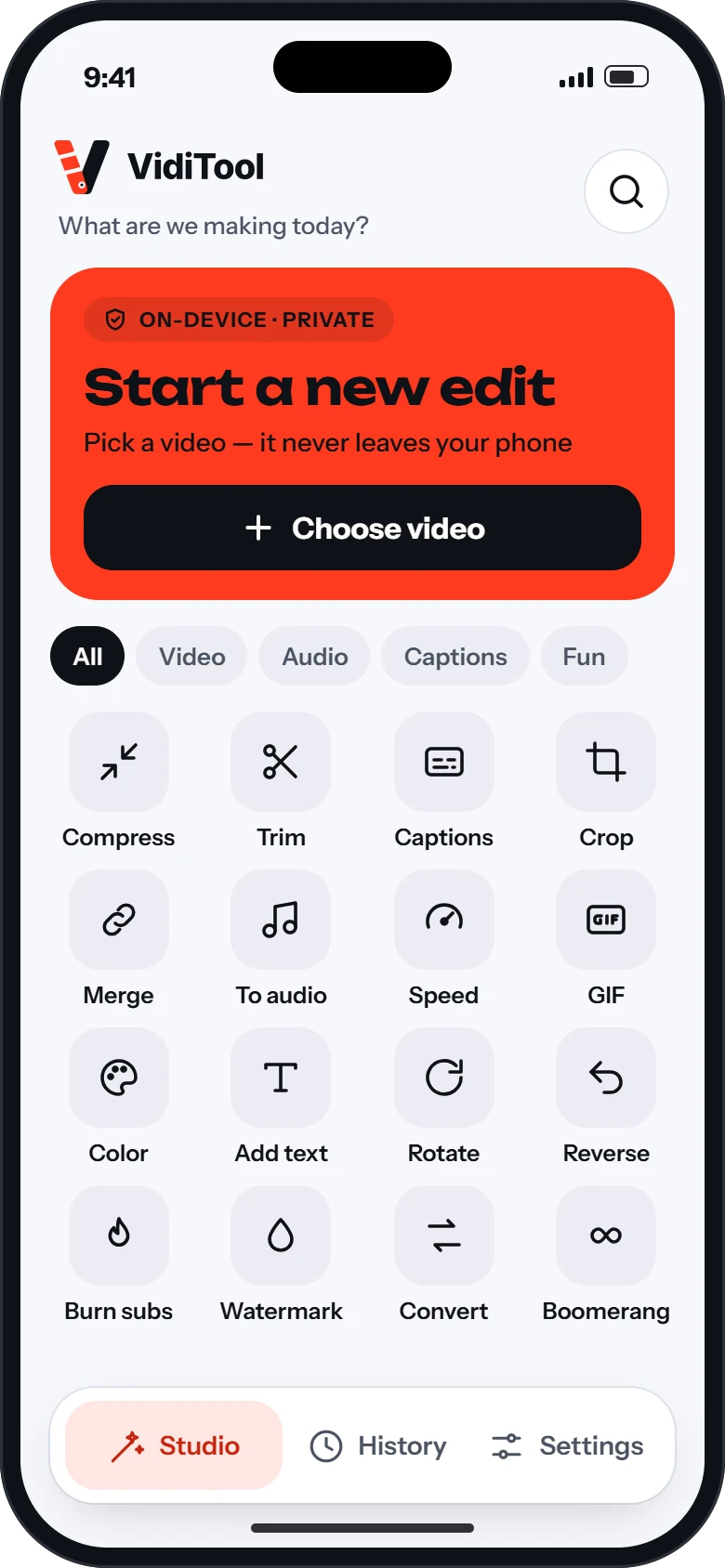 VidiTool Android app home screen: a Start a new edit card and a grid of 16 tools, including Compress, Trim, Captions and Crop